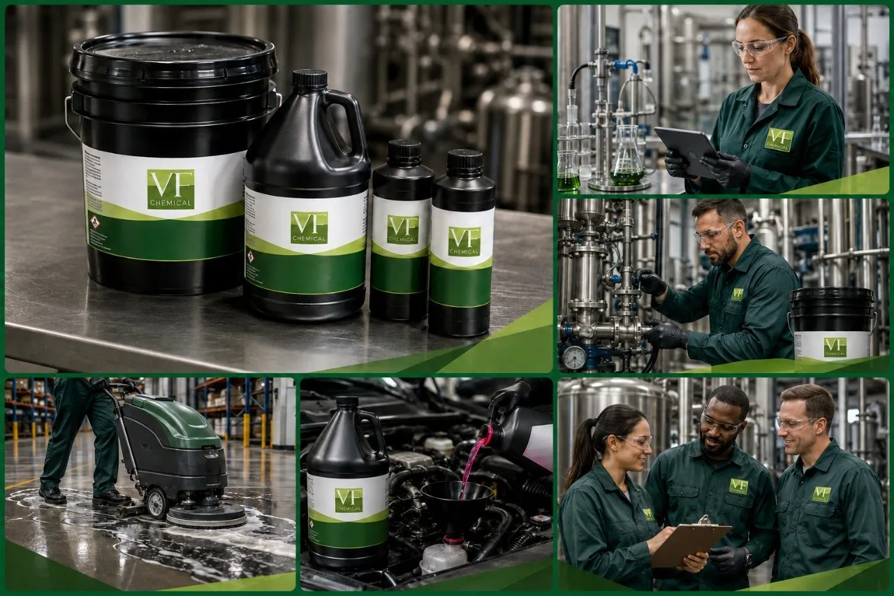 Operarios de VF Chemical aplicando productos de limpieza industrial en planta, laboratorio y taller